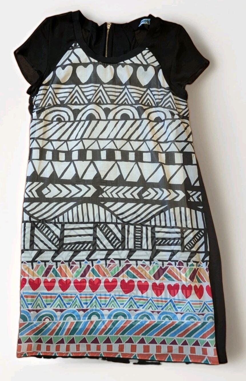 Y2K Desigual Womens 38 Black Geometric Heart Print Shift Dress Sheer Boho